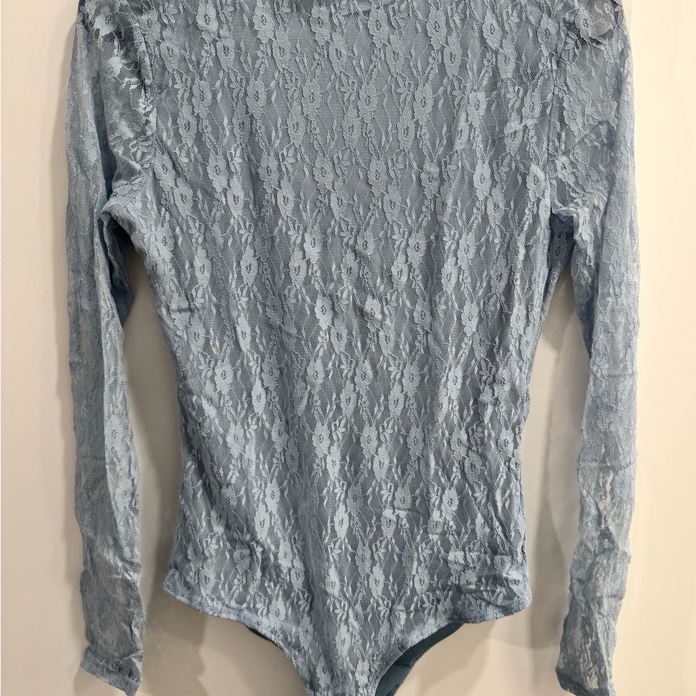 Elegant Lace Long Sleeve Bodysuit - Sky Blue